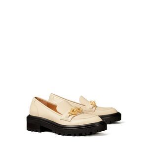 Tory Burch Jessa Leather Lug Sole Gold Chain Link Loafers Cream Academia Size 8